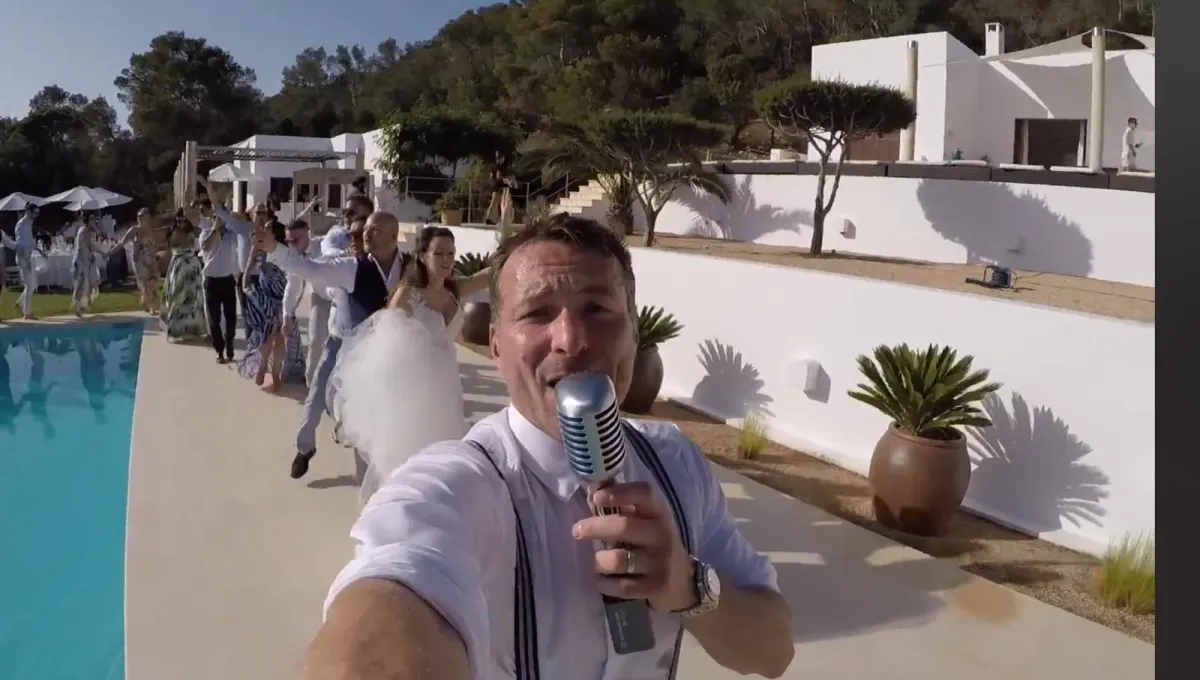 The love train past the pool in Ibiza, the bride in the middle of it